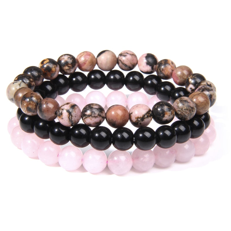 Natural Stone bracelet Beads  Black Onyx Rhodonite Pink Quartzs  Wrist Stackable Jewelry