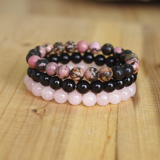 Natural Stone Bracelet Sets Men Women Rhodonite Rose Quartzs Black Onyx Beaded Stackable Wrist Mala Charm Bracelets