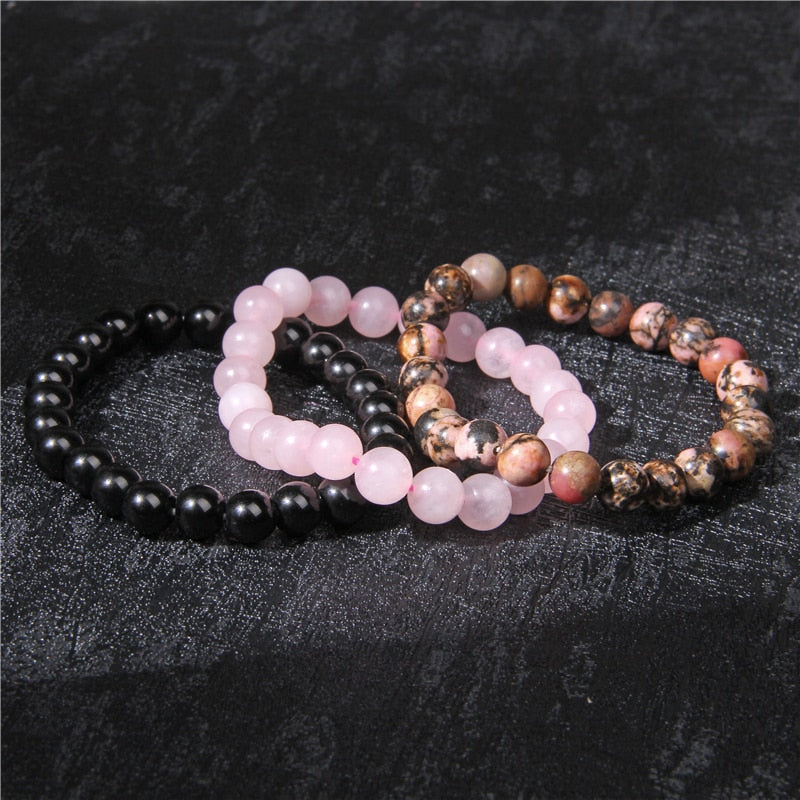 Natural Stone bracelet Beads  Black Onyx Rhodonite Pink Quartzs  Wrist Stackable Jewelry