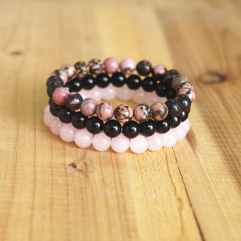 Natural Stone Bracelet Sets Men Women Rhodonite Rose Quartzs Black Onyx Beaded Stackable Wrist Mala Charm Bracelets