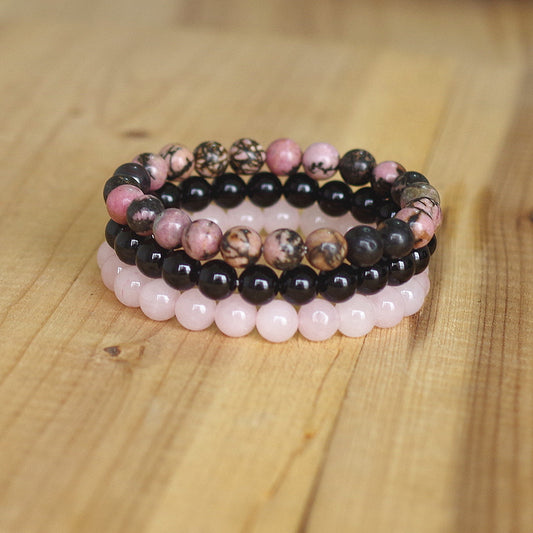 Natural Stone Bracelet Sets Men Women Rhodonite Rose Quartzs Black Onyx Beaded Stackable Wrist Mala Charm Bracelets