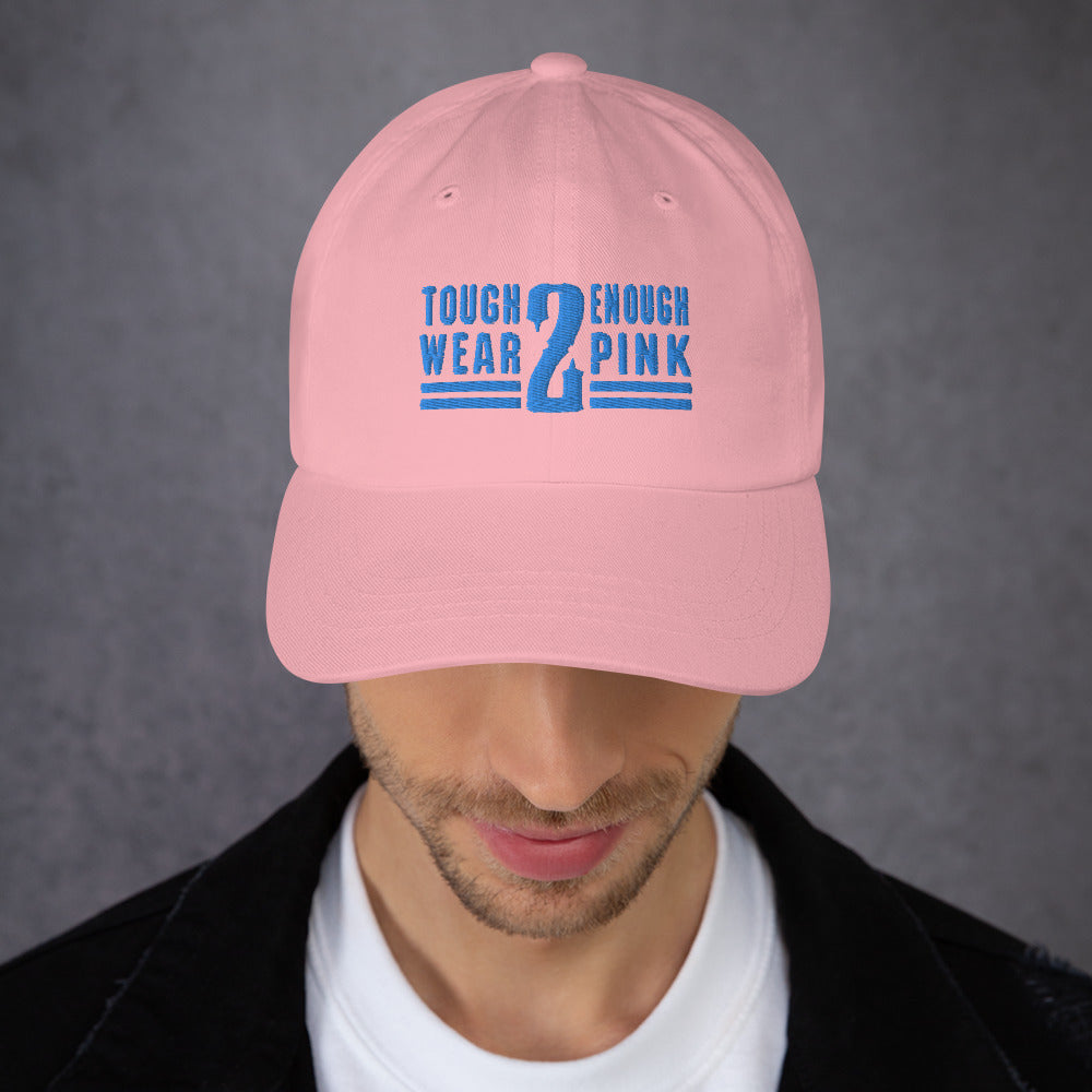 Pink hat blue embroidery