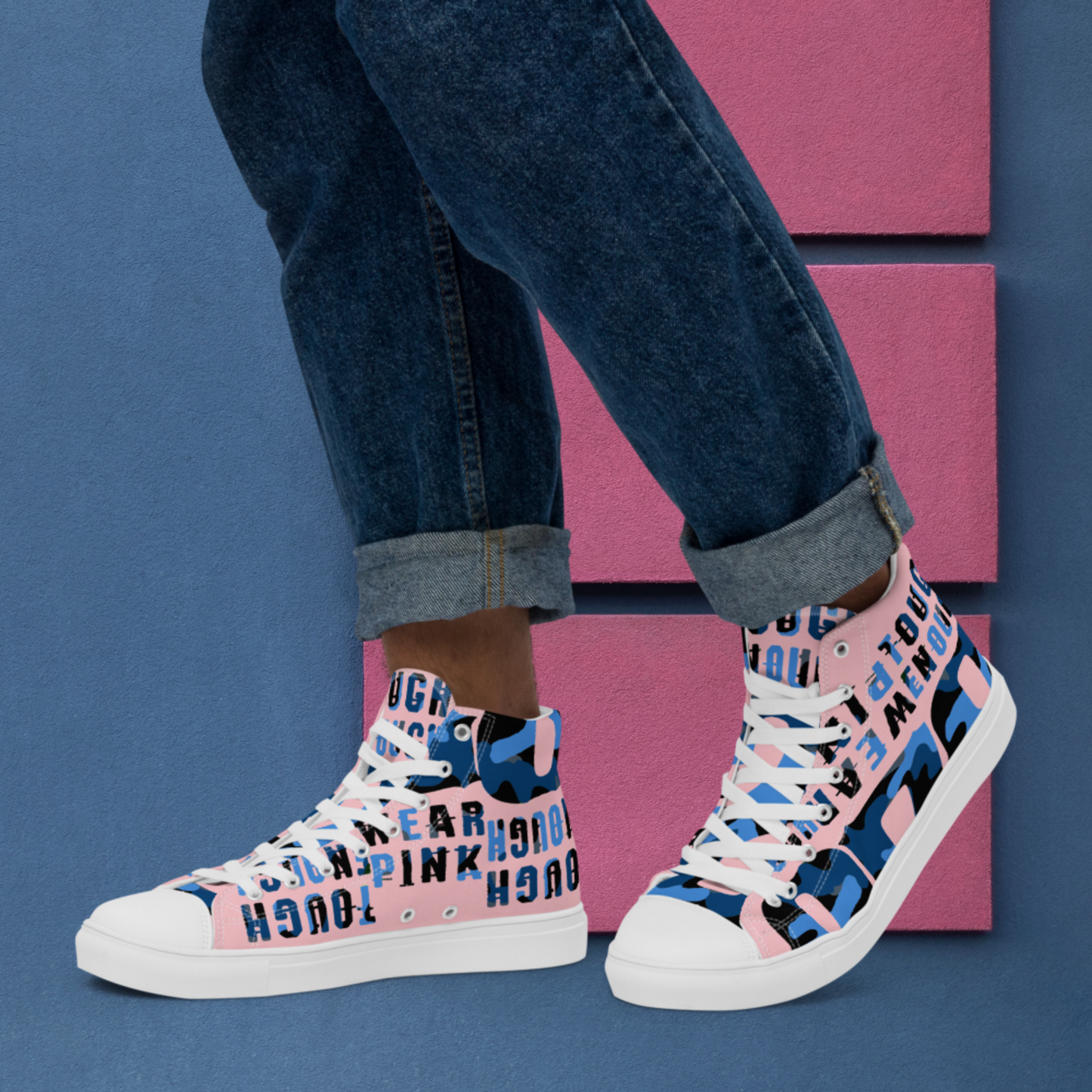 Men’s high top canvas pink shoes blue logo