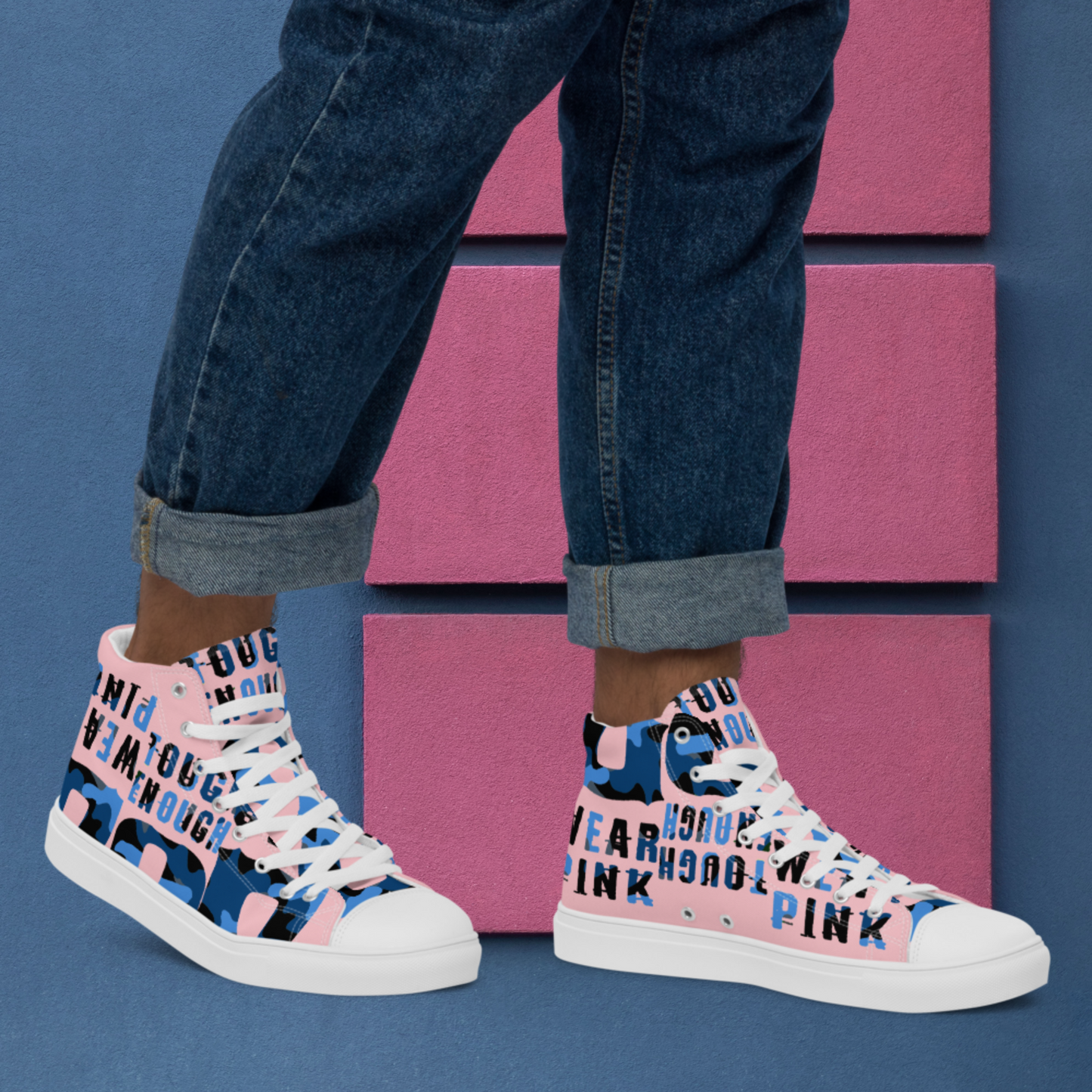 Men’s high top canvas pink shoes blue logo